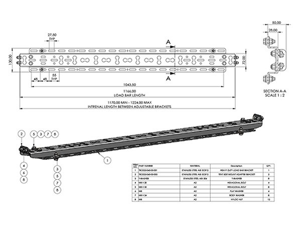 Heavy duty load bar Rhinoman 1200mm black (1 piece - for awning or rooftop tent fitment)